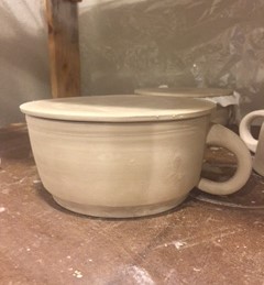 Greenware covered soup bowl mug